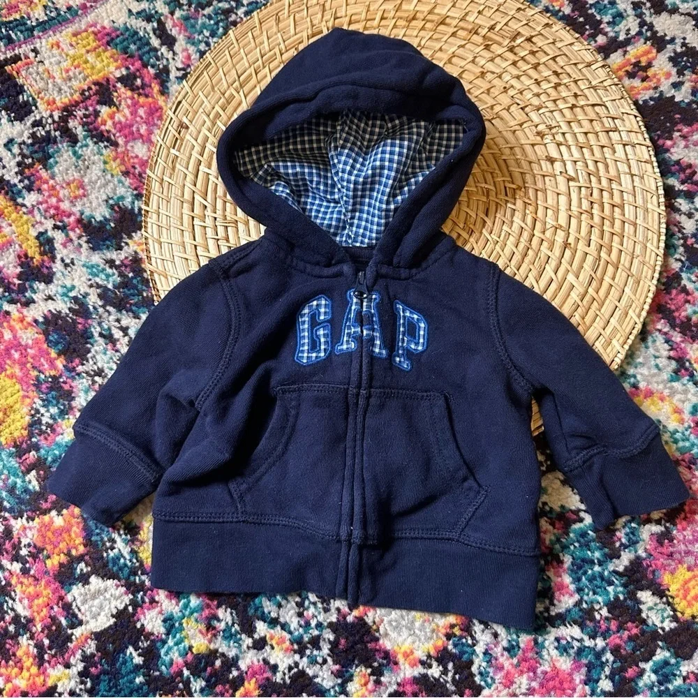 Gap Zip Front Gingham Logo Hooded Sweatshirt Blue 3-6 Months